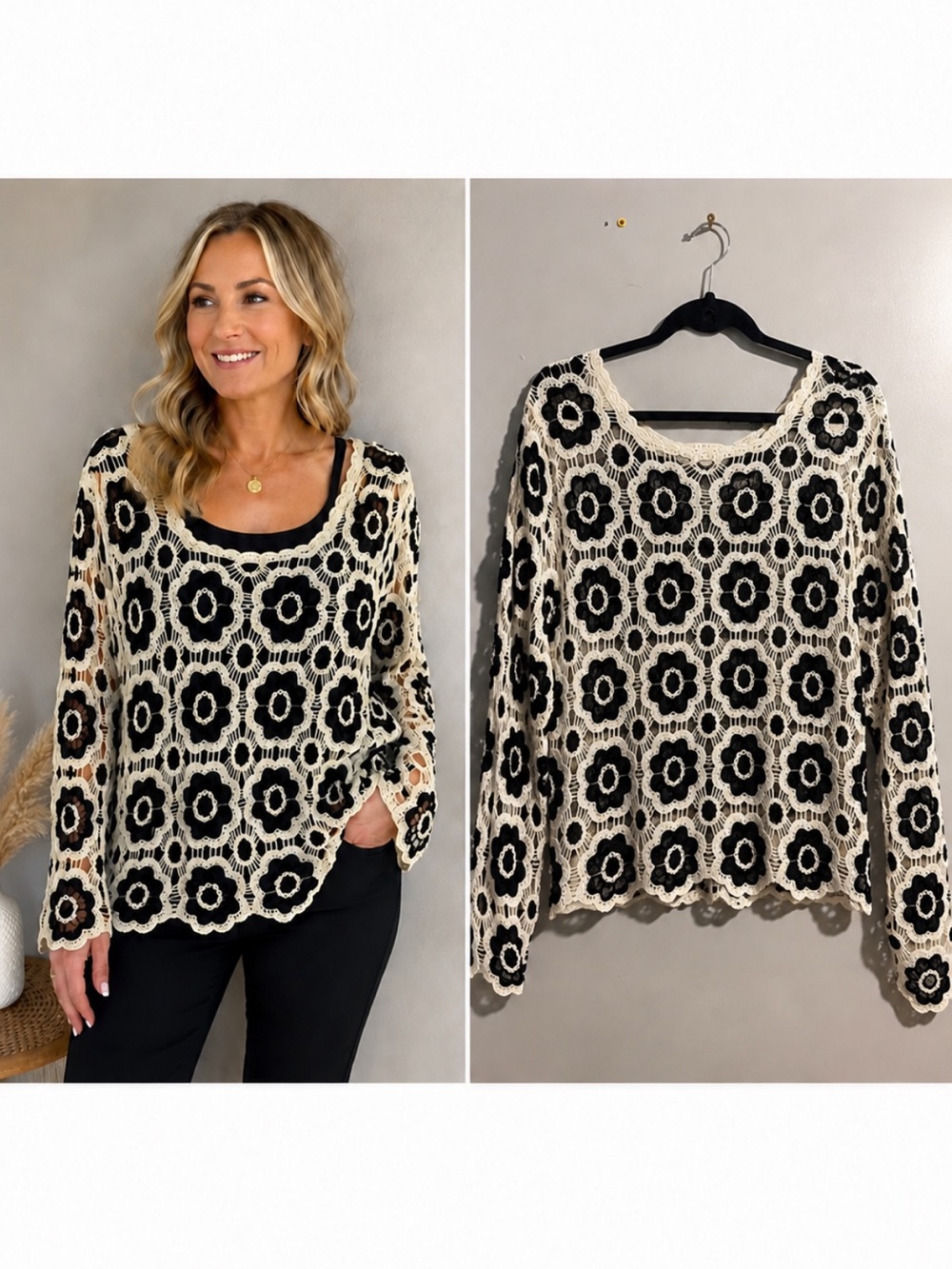 Adiva XL Black & Ivory Floral Crochet Lace Open
Knit Sweater Boho.